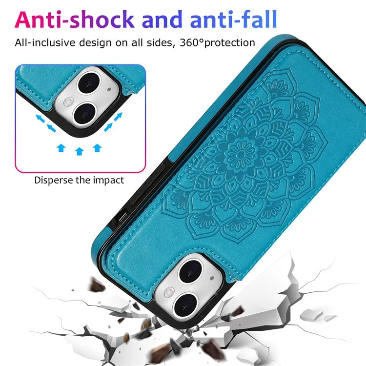 For iPhone 14 Plus Cell Phone Case Imprinted Mandala Flower PU Leather+TPU Back Shell