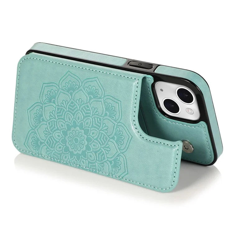 For iPhone 14 Plus Cell Phone Case Imprinted Mandala Flower PU Leather+TPU Back Shell