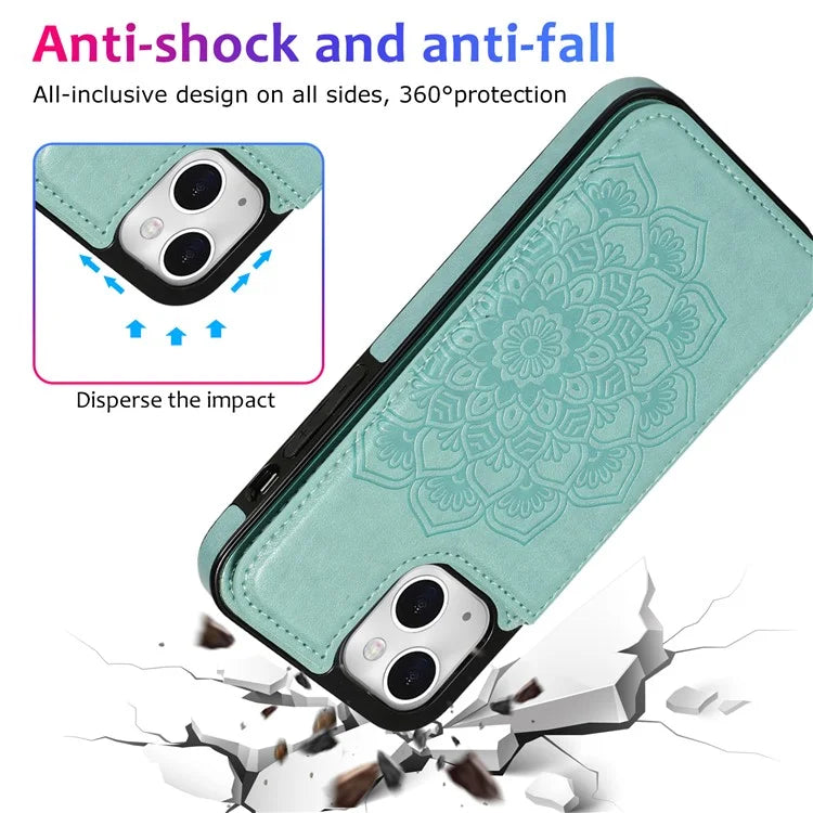 For iPhone 14 Plus Cell Phone Case Imprinted Mandala Flower PU Leather+TPU Back Shell