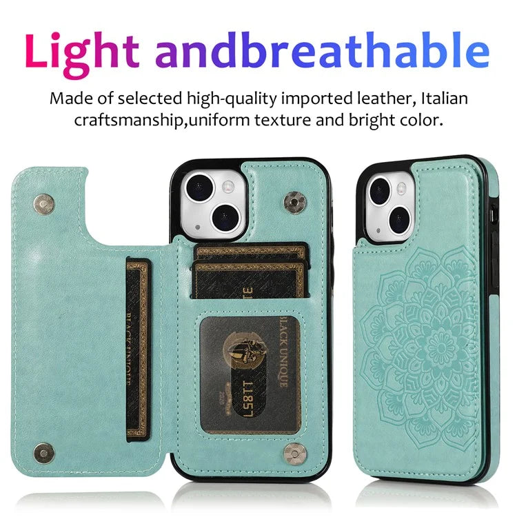 For iPhone 14 Plus Cell Phone Case Imprinted Mandala Flower PU Leather+TPU Back Shell