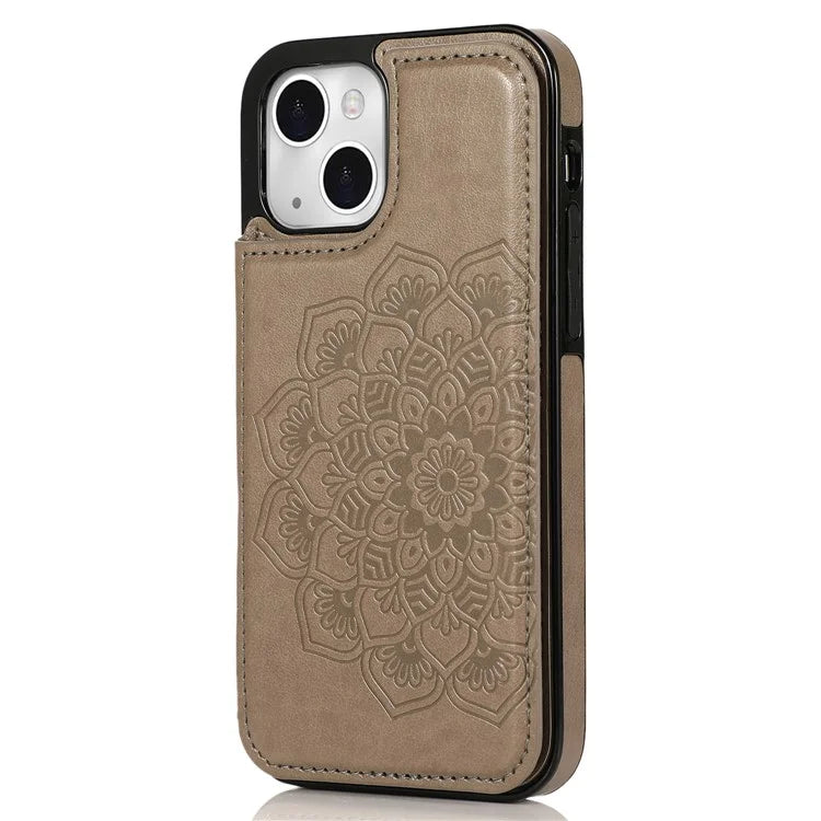 For iPhone 14 Plus Cell Phone Case Imprinted Mandala Flower PU Leather+TPU Back Shell