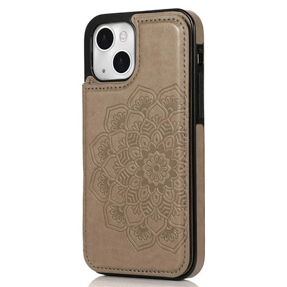 For iPhone 14 Plus Cell Phone Case Imprinted Mandala Flower PU Leather+TPU Back Shell