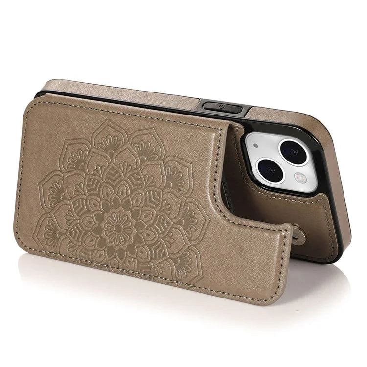 For iPhone 14 Plus Cell Phone Case Imprinted Mandala Flower PU Leather+TPU Back Shell