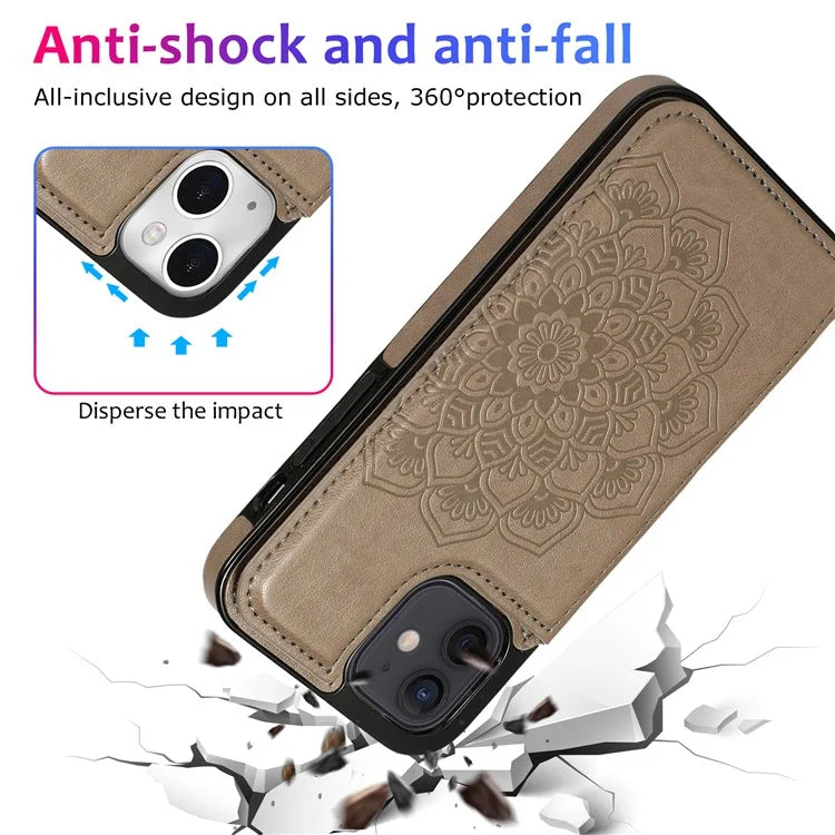 For iPhone 14 Plus Cell Phone Case Imprinted Mandala Flower PU Leather+TPU Back Shell