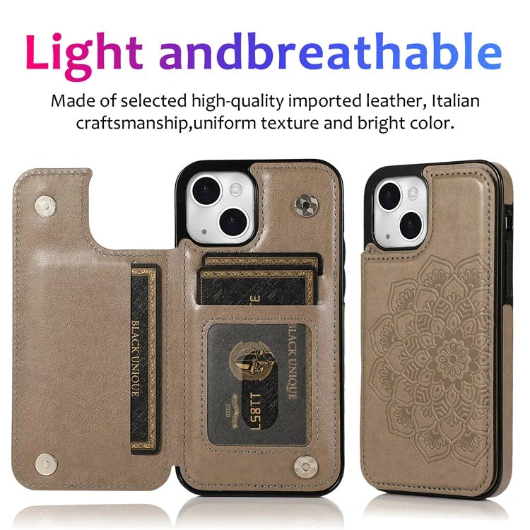 For iPhone 14 Plus Cell Phone Case Imprinted Mandala Flower PU Leather+TPU Back Shell