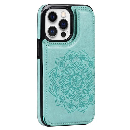 For iPhone 15 Pro Max Cell Phone Case Mandala Imprinted PU Leather+TPU Cover
