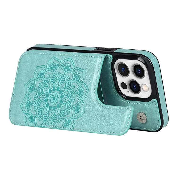 For iPhone 15 Pro Max Cell Phone Case Mandala Imprinted PU Leather+TPU Cover