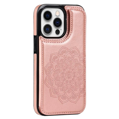 For iPhone 15 Pro Max Cell Phone Case Mandala Imprinted PU Leather+TPU Cover