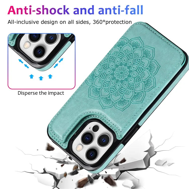 For iPhone 14 Pro Max Cell Phone Case Anti-scratch Mandala Imprinted PU Leather+TPU Cover