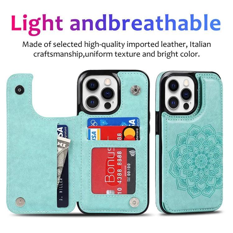 For iPhone 14 Pro Max Cell Phone Case Anti-scratch Mandala Imprinted PU Leather+TPU Cover