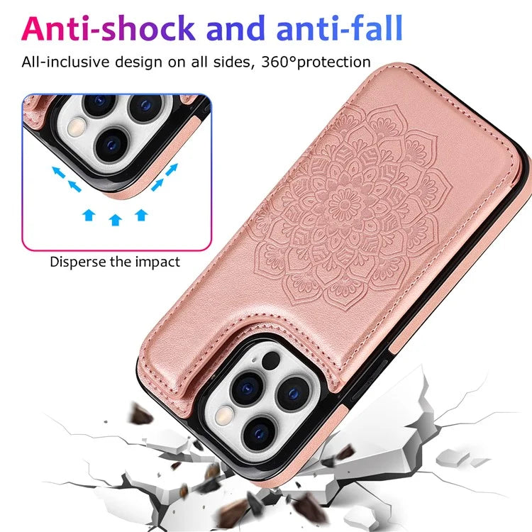 For iPhone 14 Pro Max Cell Phone Case Anti-scratch Mandala Imprinted PU Leather+TPU Cover