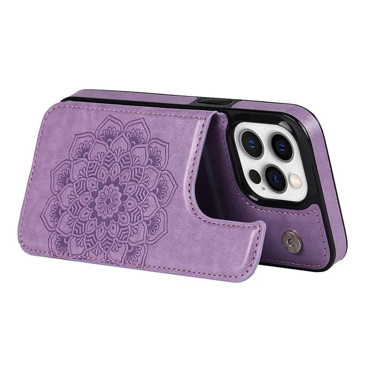 For iPhone 14 Pro Max Cell Phone Case Anti-scratch Mandala Imprinted PU Leather+TPU Cover