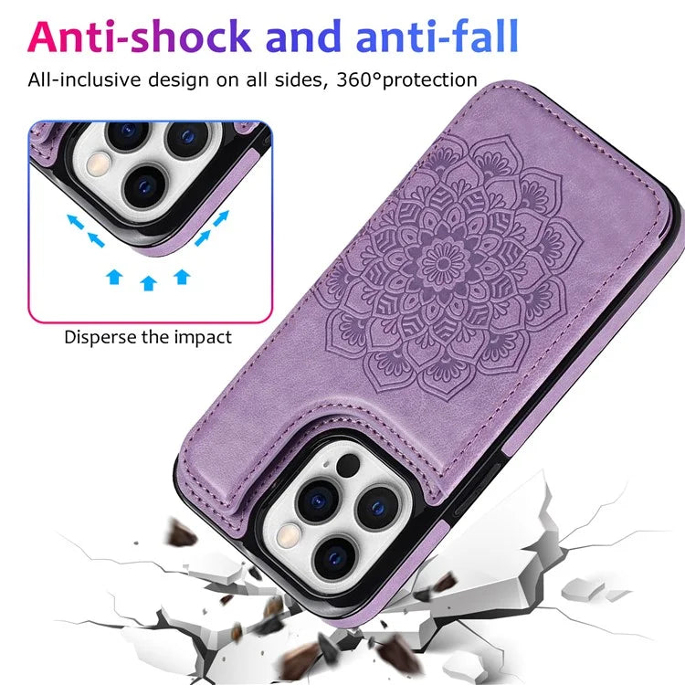 For iPhone 14 Pro Max Cell Phone Case Anti-scratch Mandala Imprinted PU Leather+TPU Cover