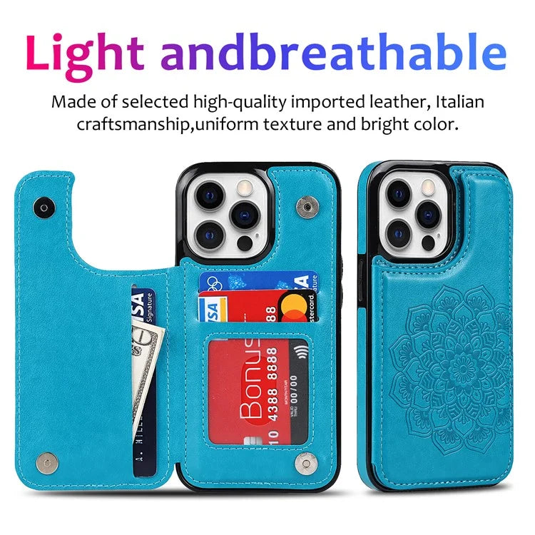 For iPhone 14 Pro Cell Phone Case Mandala Imprinted Drop Proof PU Leather+TPU Cover