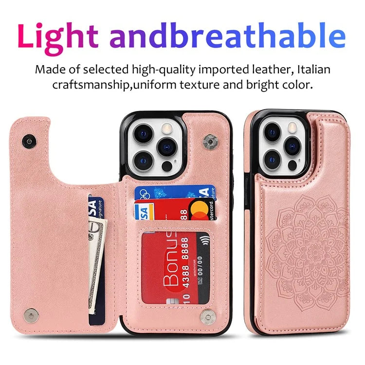 For iPhone 14 Pro Cell Phone Case Mandala Imprinted Drop Proof PU Leather+TPU Cover