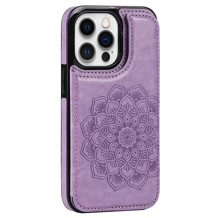 For iPhone 14 Pro Cell Phone Case Mandala Imprinted Drop Proof PU Leather+TPU Cover