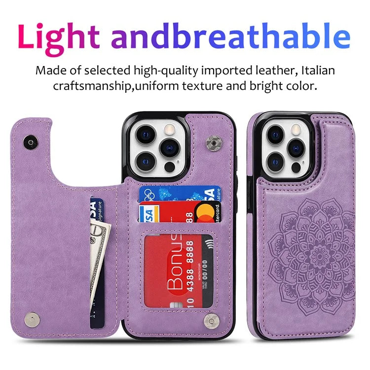 For iPhone 14 Pro Cell Phone Case Mandala Imprinted Drop Proof PU Leather+TPU Cover