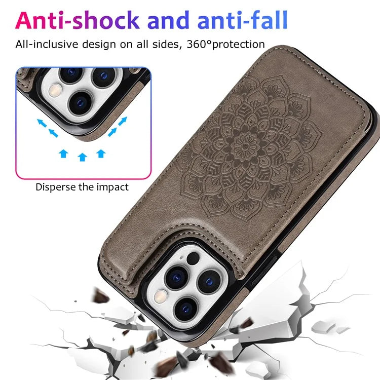 For iPhone 14 Pro Cell Phone Case Mandala Imprinted Drop Proof PU Leather+TPU Cover