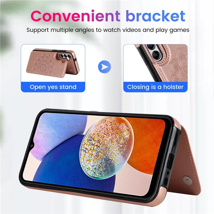 For Samsung Galaxy A14 5G Leather+TPU Case Kickstand Imprinted Mandala Flower Phone Shell
