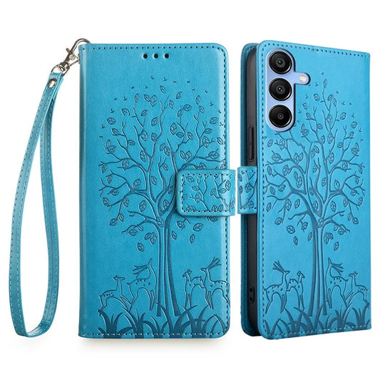 For Samsung Galaxy A15 4G / A15 5G Magnetic Case Imprinted Deer Tree Pattern Cover with Hand Strap