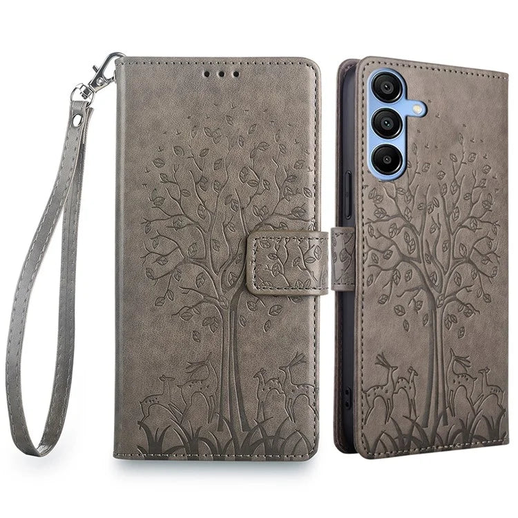 For Samsung Galaxy A15 4G / A15 5G Magnetic Case Imprinted Deer Tree Pattern Cover with Hand Strap