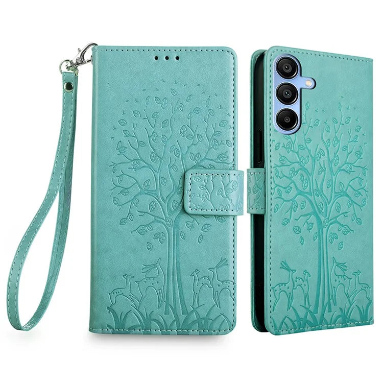 For Samsung Galaxy A15 4G / A15 5G Magnetic Case Imprinted Deer Tree Pattern Cover with Hand Strap