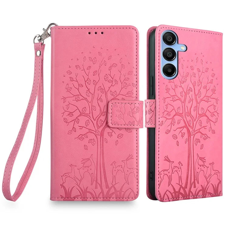 For Samsung Galaxy A15 4G / A15 5G Magnetic Case Imprinted Deer Tree Pattern Cover with Hand Strap