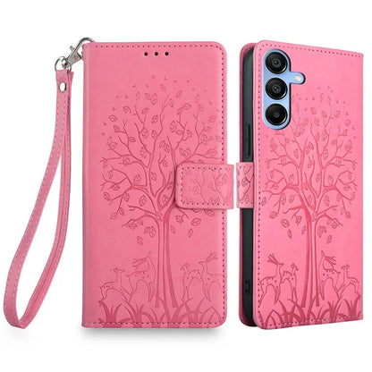 For Samsung Galaxy A15 4G / A15 5G Magnetic Case Imprinted Deer Tree Pattern Cover with Hand Strap
