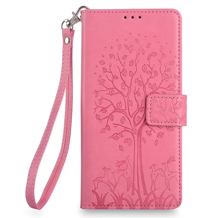 For Samsung Galaxy A15 4G / A15 5G Magnetic Case Imprinted Deer Tree Pattern Cover with Hand Strap