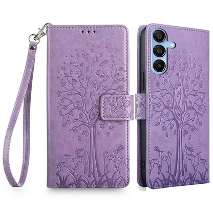 For Samsung Galaxy A15 4G / A15 5G Magnetic Case Imprinted Deer Tree Pattern Cover with Hand Strap