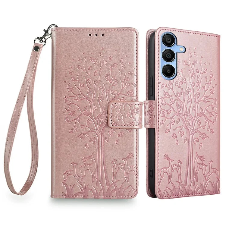 For Samsung Galaxy A15 4G / A15 5G Magnetic Case Imprinted Deer Tree Pattern Cover with Hand Strap