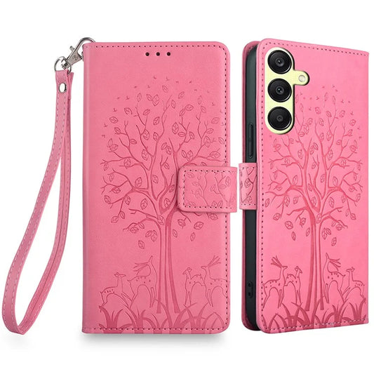 For Samsung Galaxy A25 5G (Global) (161.0 x 76.5 x 8.3mm) Case Imprinted Deer Tree Pattern 3 Card Slots Phone Protector with Hand Strap