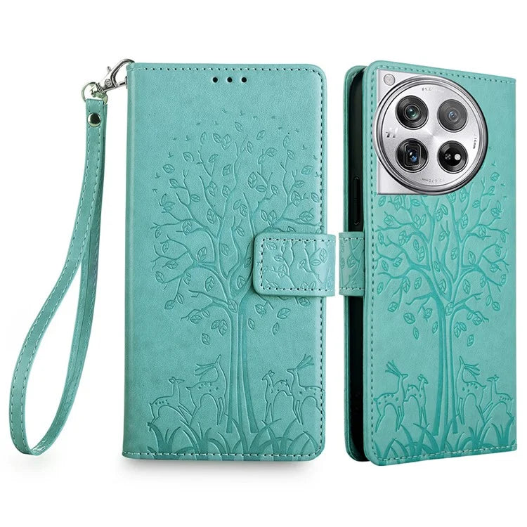 For OnePlus 12 5G Leather Case Imprinted Deer Tree Pattern Card Slots Wallet Phone Guard Cover