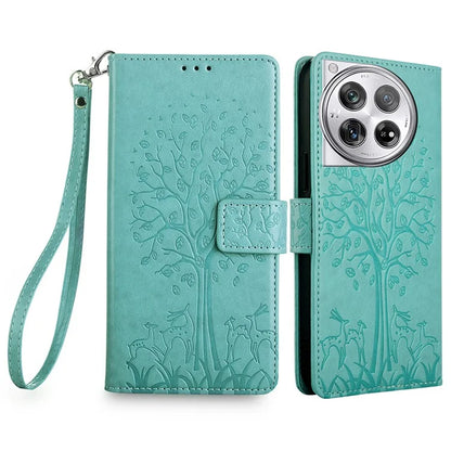 For OnePlus 12 5G Leather Case Imprinted Deer Tree Pattern Card Slots Wallet Phone Guard Cover