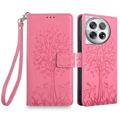 For OnePlus 12 5G Leather Case Imprinted Deer Tree Pattern Card Slots Wallet Phone Guard Cover