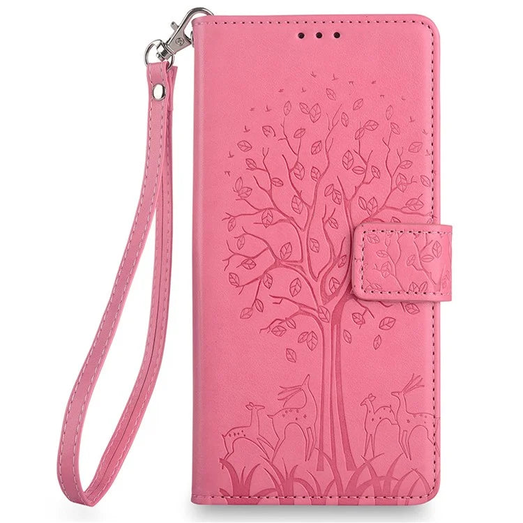 For OnePlus 12 5G Leather Case Imprinted Deer Tree Pattern Card Slots Wallet Phone Guard Cover