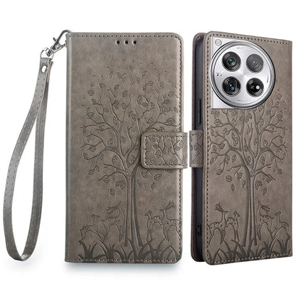 For OnePlus 12 5G Leather Case Imprinted Deer Tree Pattern Card Slots Wallet Phone Guard Cover