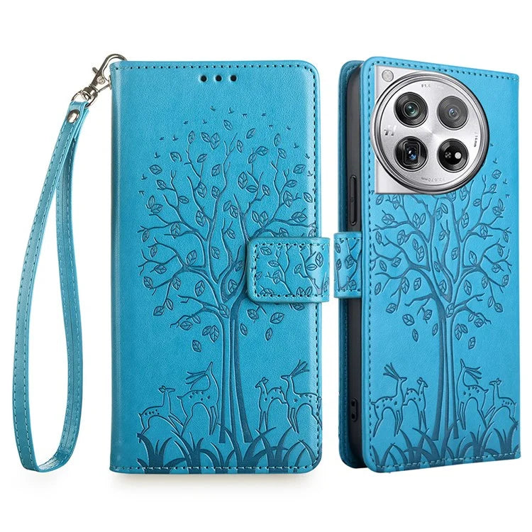 For OnePlus 12 5G Leather Case Imprinted Deer Tree Pattern Card Slots Wallet Phone Guard Cover