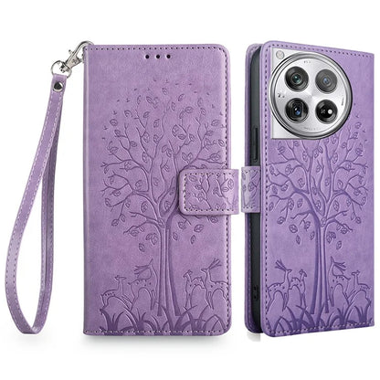 For OnePlus 12 5G Leather Case Imprinted Deer Tree Pattern Card Slots Wallet Phone Guard Cover