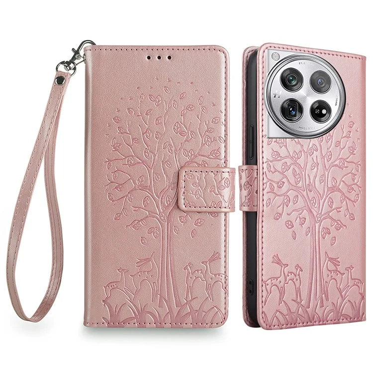 For OnePlus 12 5G Leather Case Imprinted Deer Tree Pattern Card Slots Wallet Phone Guard Cover