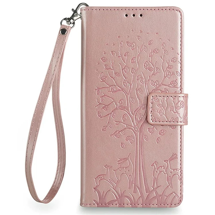 For OnePlus 12 5G Leather Case Imprinted Deer Tree Pattern Card Slots Wallet Phone Guard Cover