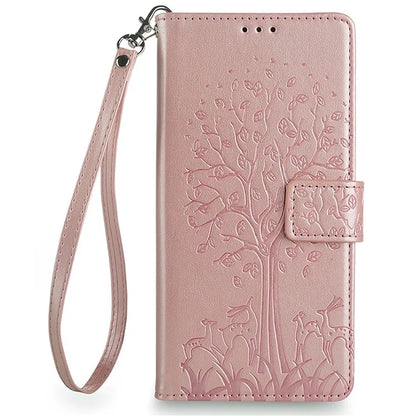 For OnePlus 12 5G Leather Case Imprinted Deer Tree Pattern Card Slots Wallet Phone Guard Cover