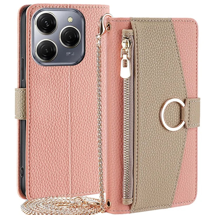 For Transsion Tecno Spark 20 Pro Case Zipper Pocket Leather Wallet Phone Cover with Chain Shoulder Strap
