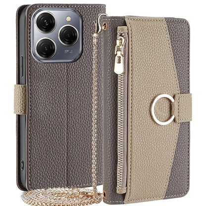 For Transsion Tecno Spark 20 Pro Case Zipper Pocket Leather Wallet Phone Cover with Chain Shoulder Strap