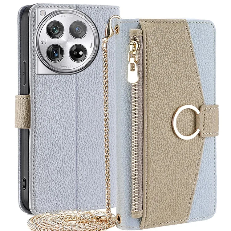 For OnePlus 12 5G Case PU Leather+TPU Zipper Pockets Phone Cover with Mirror and Card Slots
