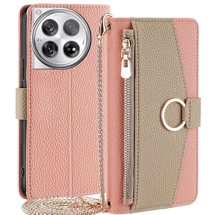 For OnePlus 12 5G Case PU Leather+TPU Zipper Pockets Phone Cover with Mirror and Card Slots