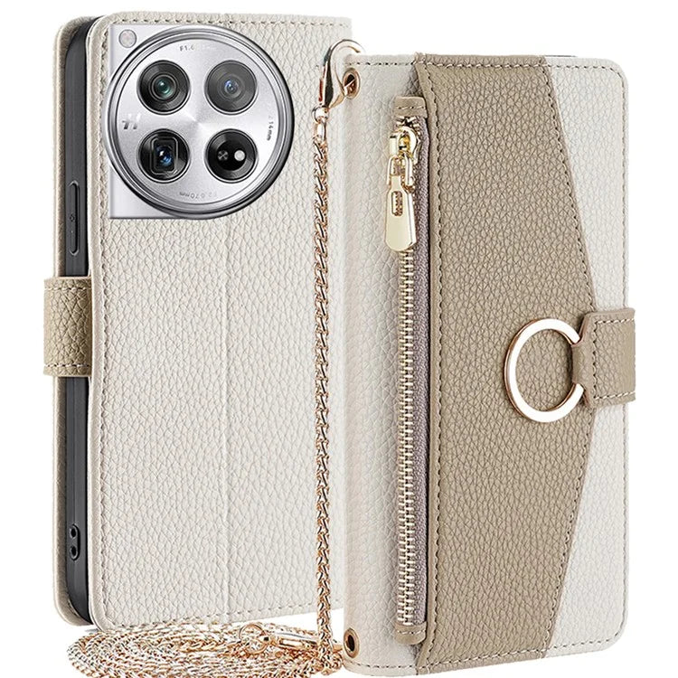 For OnePlus 12 5G Case PU Leather+TPU Zipper Pockets Phone Cover with Mirror and Card Slots