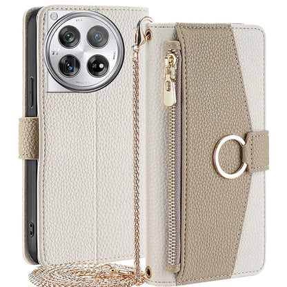 For OnePlus 12 5G Case PU Leather+TPU Zipper Pockets Phone Cover with Mirror and Card Slots