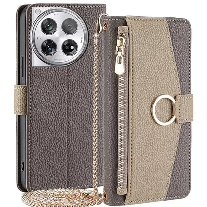 For OnePlus 12 5G Case PU Leather+TPU Zipper Pockets Phone Cover with Mirror and Card Slots