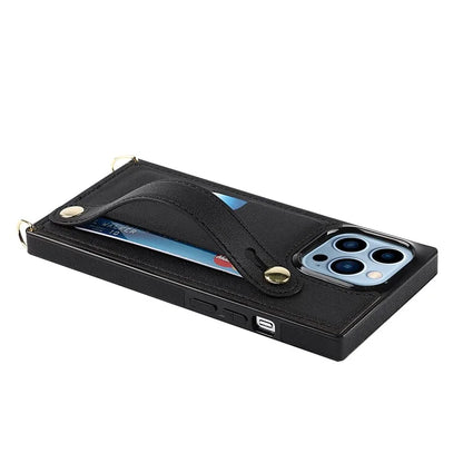 For iPhone 15 Pro Max Cell Phone Case Card Slot PU Leather+TPU Back Shell with Shoulder Strap